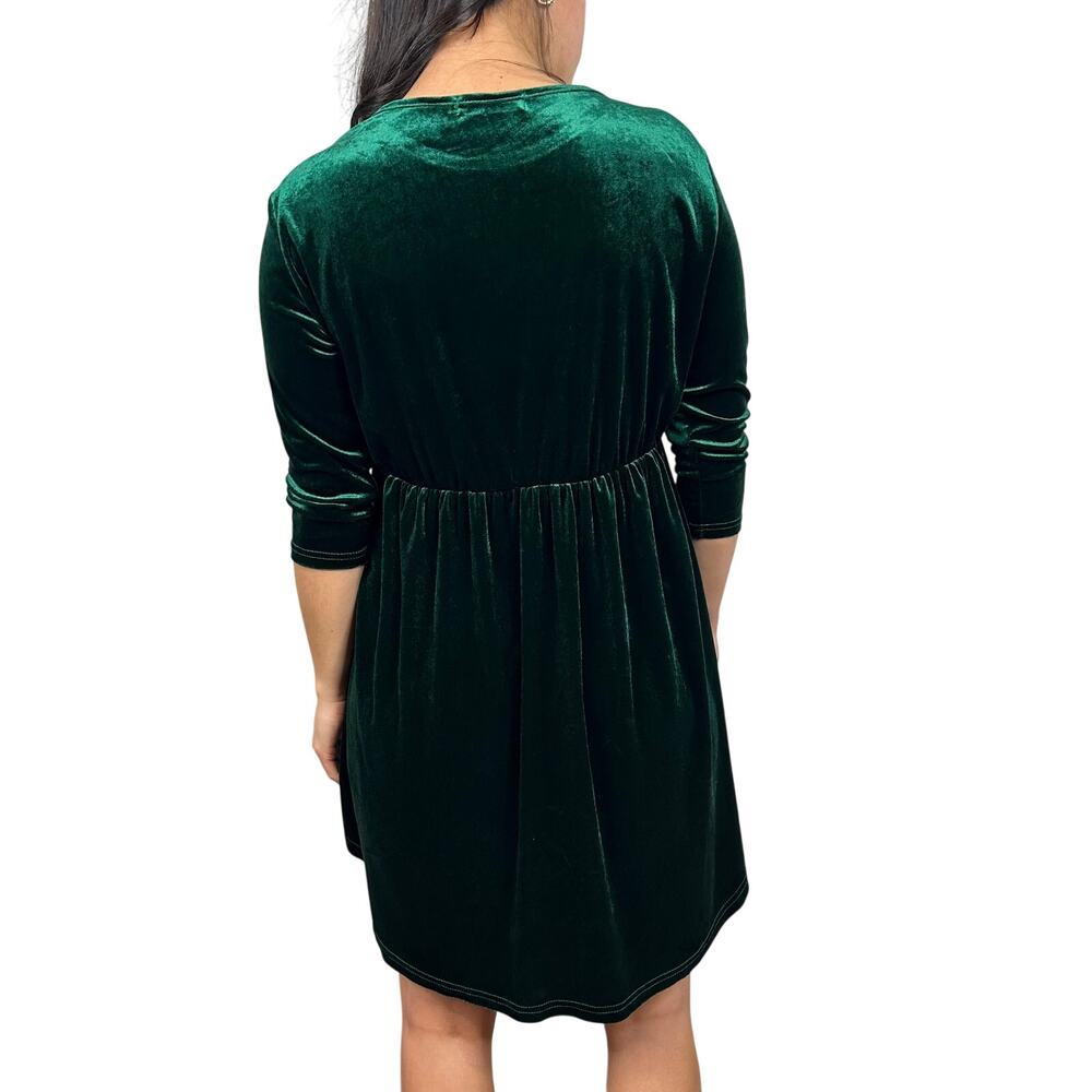 Amaryllis Forest Green Velvet Empire Waist 3/4 Length Sleeve Dress - Picture 3 of 8